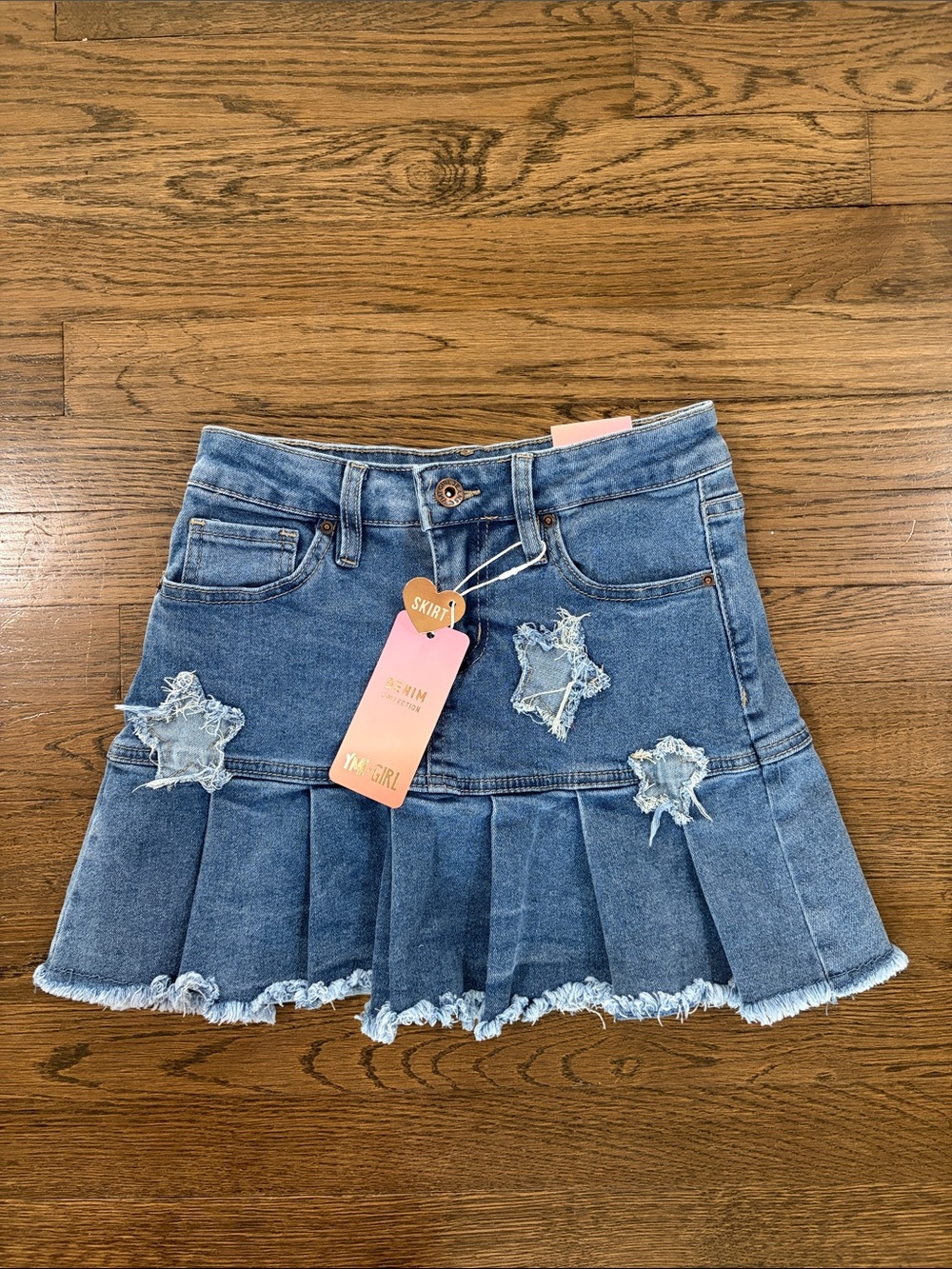 YMI-Girl Distressed Denim Pleated Skirt in Denim Blue